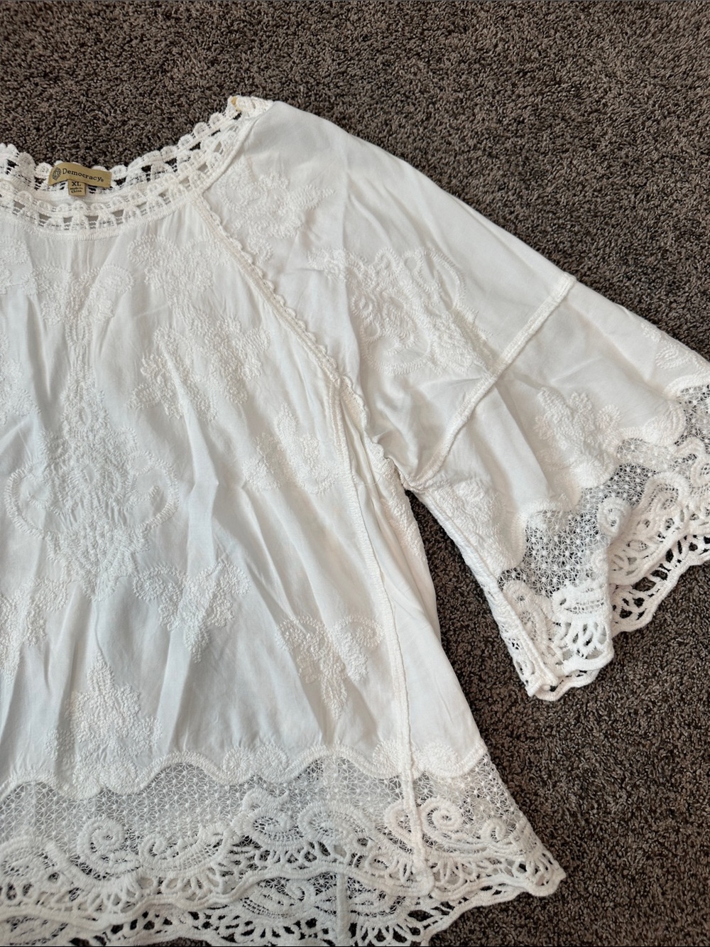 Democracy White Lace Crochet Trim Peasant Blouse Size XL